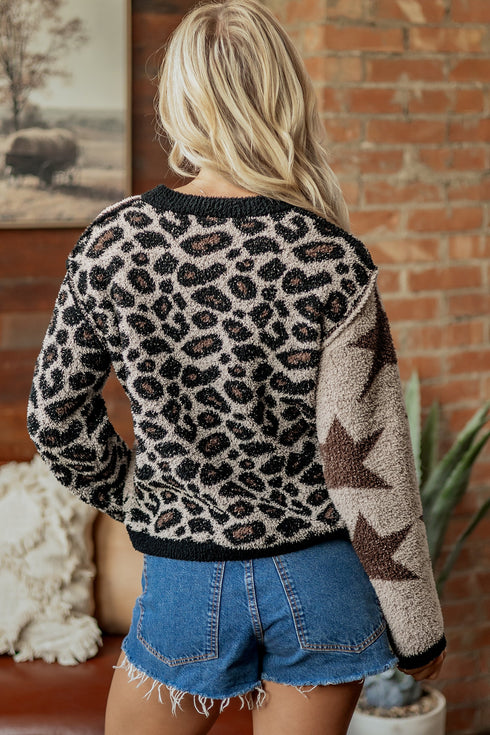 Leopard Star Pattern Round Neck Long Sleeve Shift Sweater