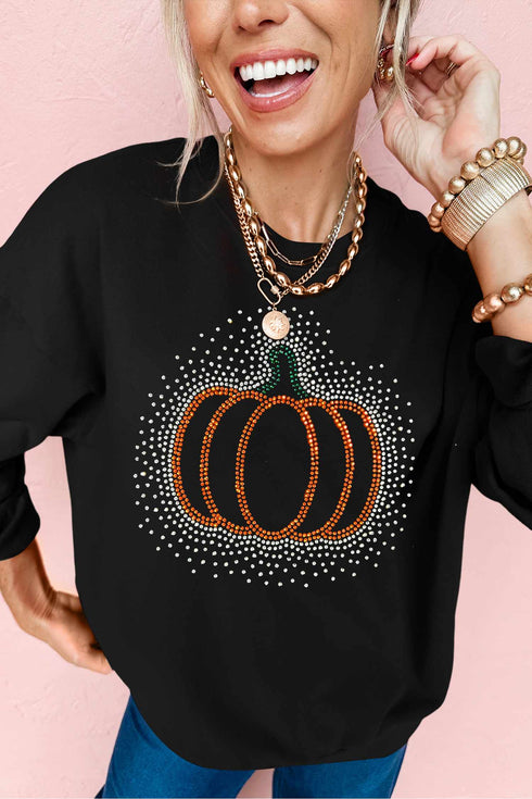 Polyester Cotton Rhinestone Pumpkin Graphic Pullover Sweatshirt