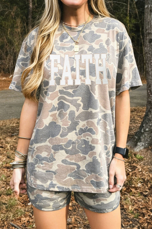 Faith Letter Print Relaxed Tee Camouflage Two Piece Short Set