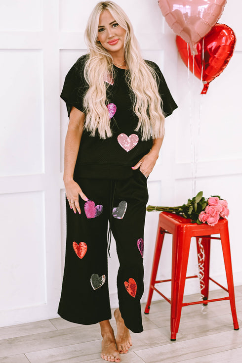 Exclusive Sequin Heart Print Textured Two Piece Graphic Set