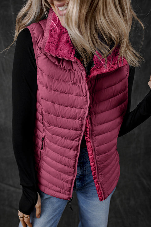 Plush Collar Quilted Zip Front Puffer Vest