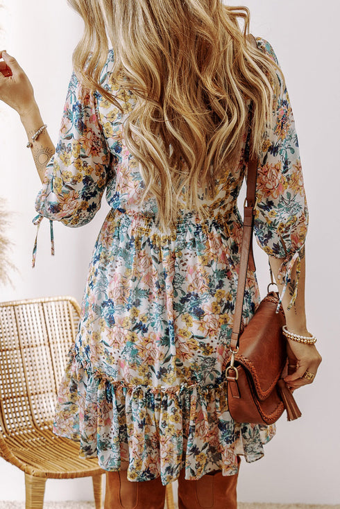 Magnolia Blossoms Ruffled V-Neck Dress
