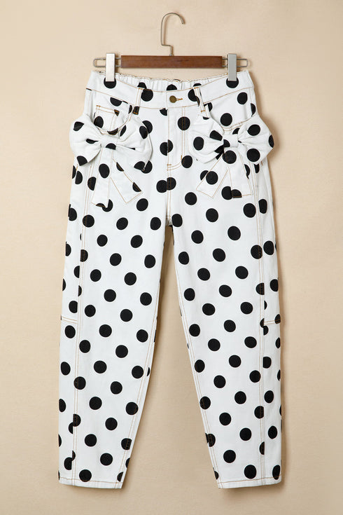 Polka Dot Print Bow Detail Pocketed Denim Jeans