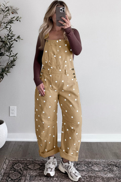 Polka Dot Print Bib Pocket Denim Barrel Overalls Jumpsuit