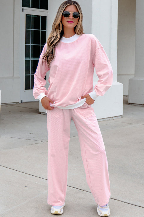 Striped Trim Mock Neck Pullover Drawstring Pants Outfit Pant Set