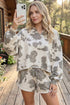 Western Print Raw Hem Long Sleeve Top Drawstring Short Set