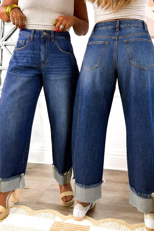 Raw Hem Turnup Loose Ankle Length Jeans