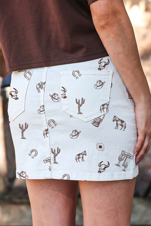 Western Print Cactus Horse Bull Denim Skirt