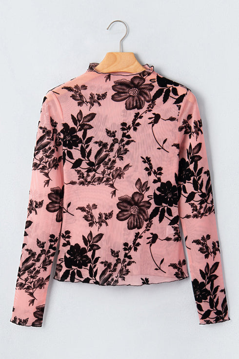 Feminine Floral Print Sheer Mesh Long Sleeve Blouse