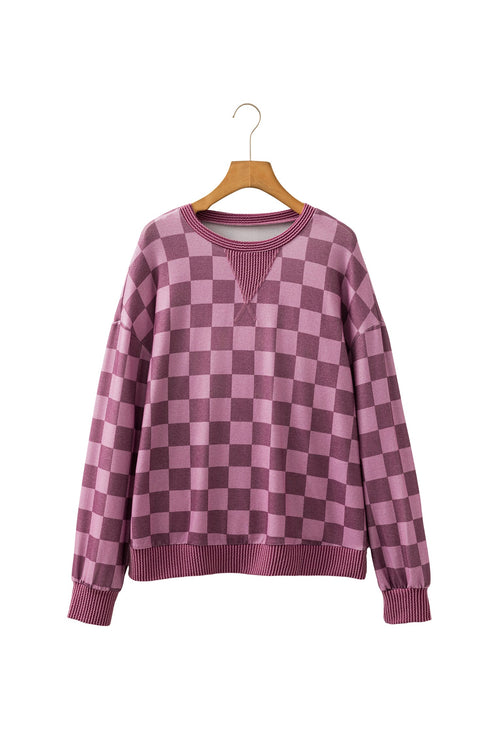 Ribbed Trim Checkered Print Long Sleeve Pullover Top
