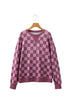 Ribbed Trim Checkered Print Long Sleeve Pullover Top