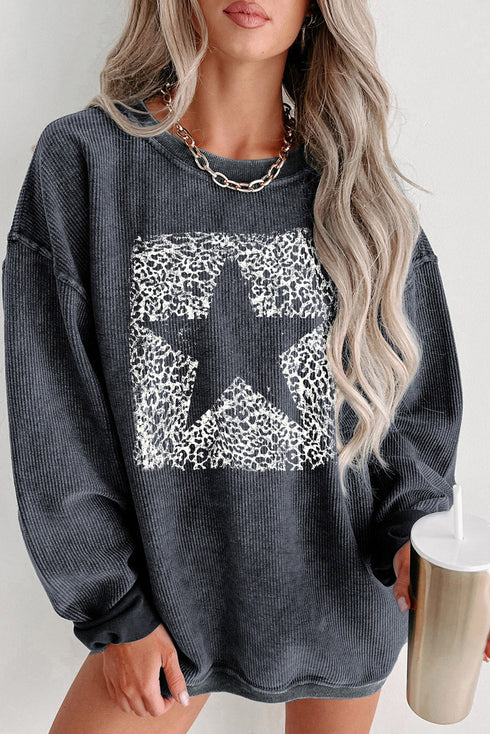 Oversized Corded Knit Distressed Star Graphic Pullover Sweatshirt