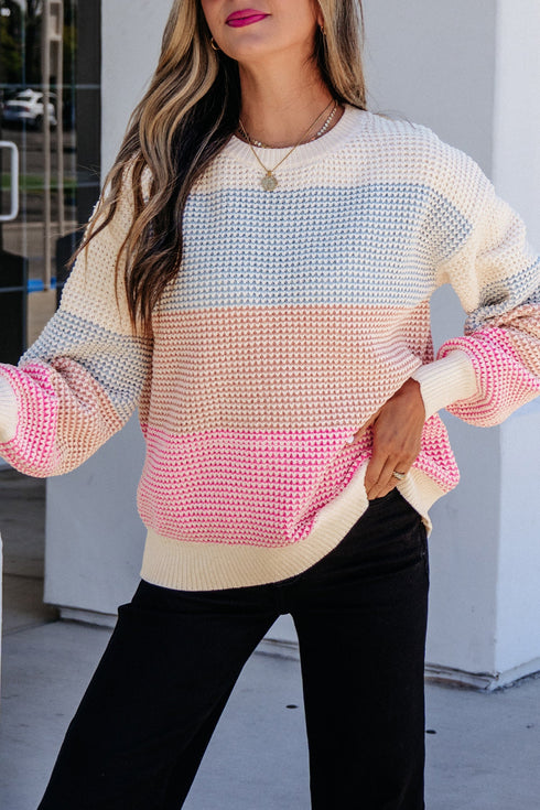 Paneled Drop Shoulder Round Neck Long Sleeve Pullover Sweater