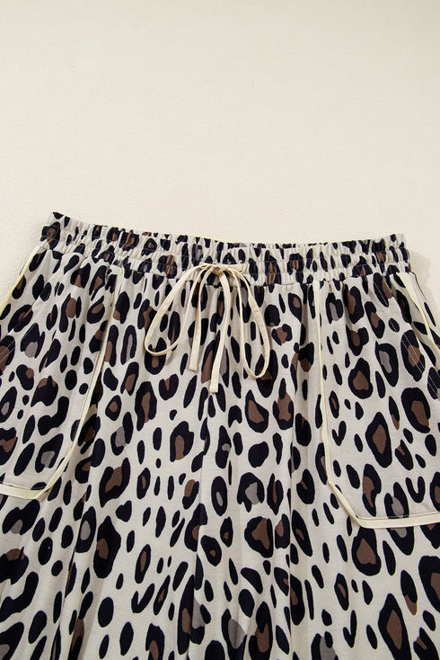Exposed Seam Patched Pocket Leopard Wide Leg Bottoms