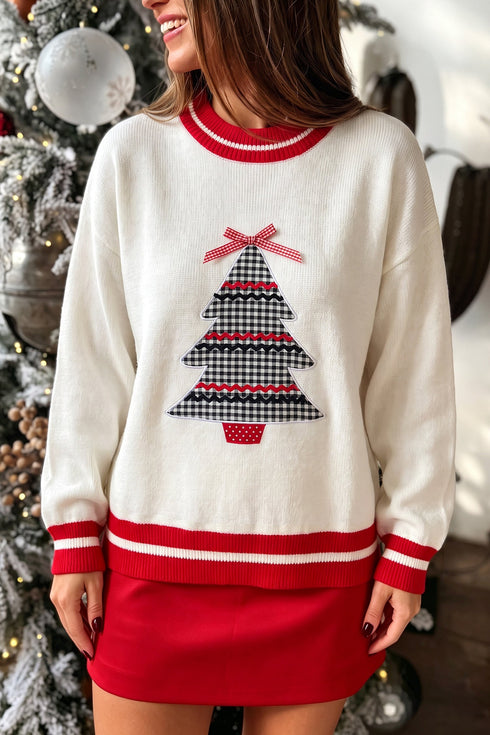 Plaid Tree Applique Round Neck Loose Sweater