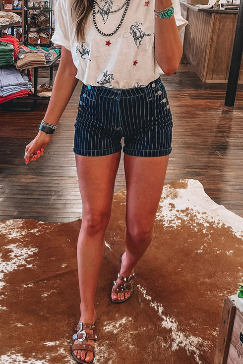 Stripe Metal Button Denim Detail Shorts