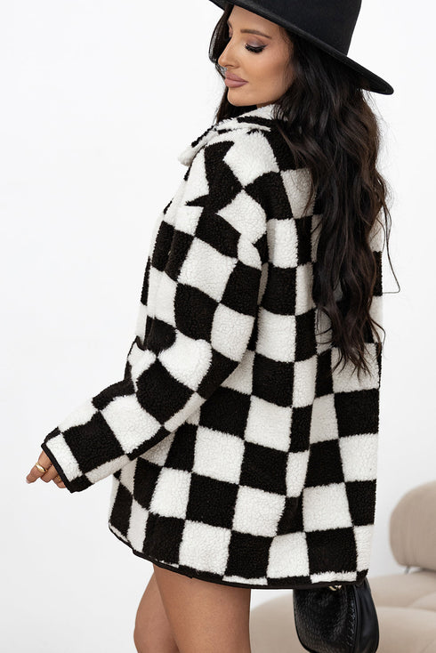 Checkered Collared Buttoned Side Pocket Fleece Jacket