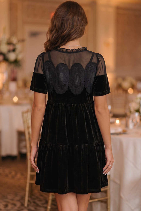 Embroidered Velvet Short Sleeve Shift Mini Dress