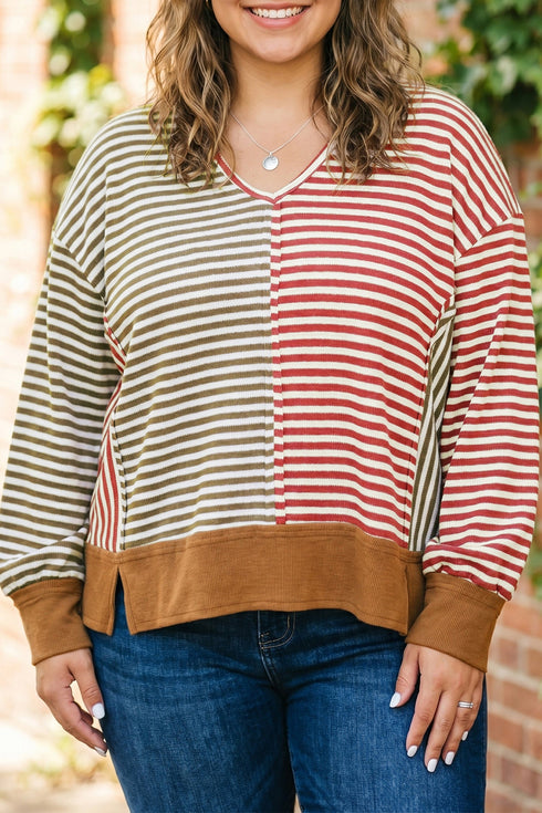 Striped V Neck Oversized Long Sleeve Top