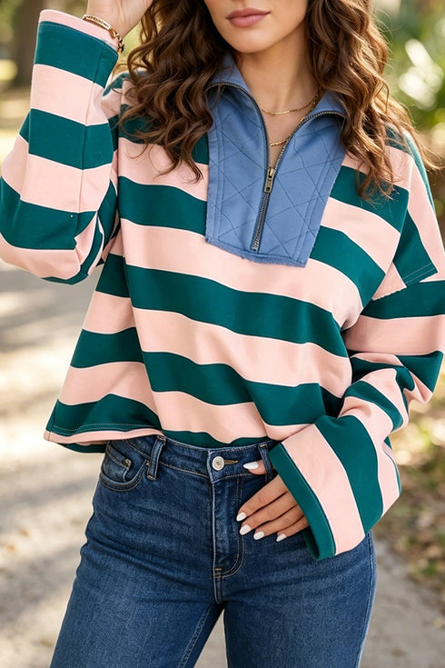 Striped Quarter Zip Metal Detail Cover Stitch Long Sleeve Top