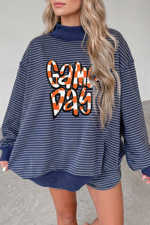 Striped Letter Print Long Sleeve Graphic Short Set