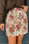 Button Front Scalloped Trim Floral Jacquard Skirt
