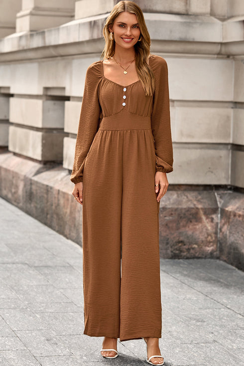 Shirred Button Detail Long Sleeve Straight Leg Jumpsuit