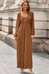 Long Sleeve Shirred Button Straight Leg Jumpsuit