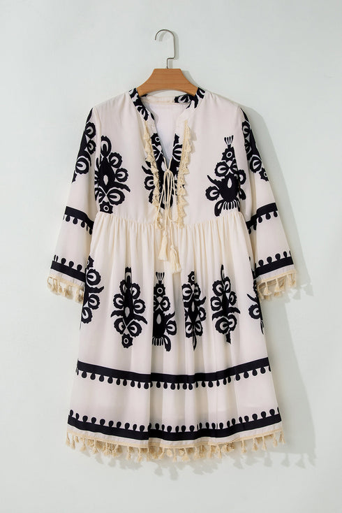 Abstract Print Fringe Tassel Bohemian Western Mini Dress