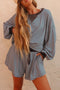 Striped Oversized Long Sleeve Top Drawstring Loose Shorts Two Piece Short Set