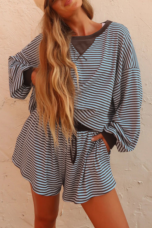Striped Oversized Long Sleeve Top Drawstring Loose Short Set