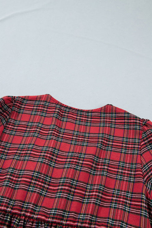 Plaid Tie Front Long Sleeve Short Shift Mini Dress