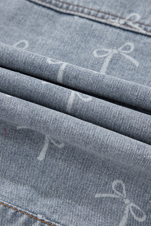 Bow Knot Print Raw Hem Washed Denim Jacket