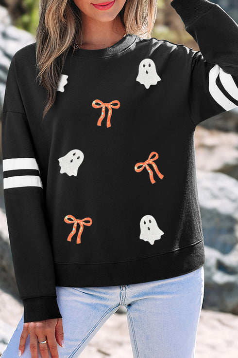 Sequined Ghost Bow Graphic Varsity Striped Sleeve Sweatshirt
