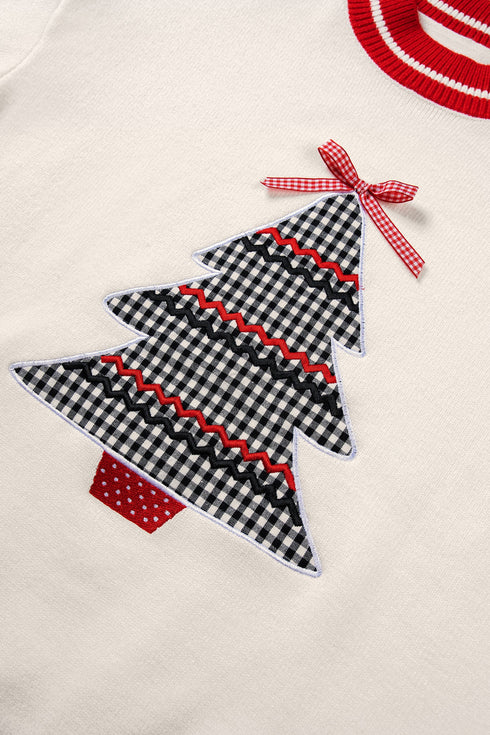 Plaid Tree Applique Round Neck Loose Sweater
