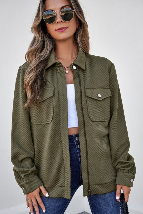 Casual Textured Flap Pocket Shirt Collar Zip Up Jackets