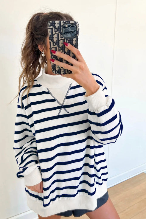 Striped Mock Neck Long Sleeve Ribbed Cuff Hem Sweatshirt