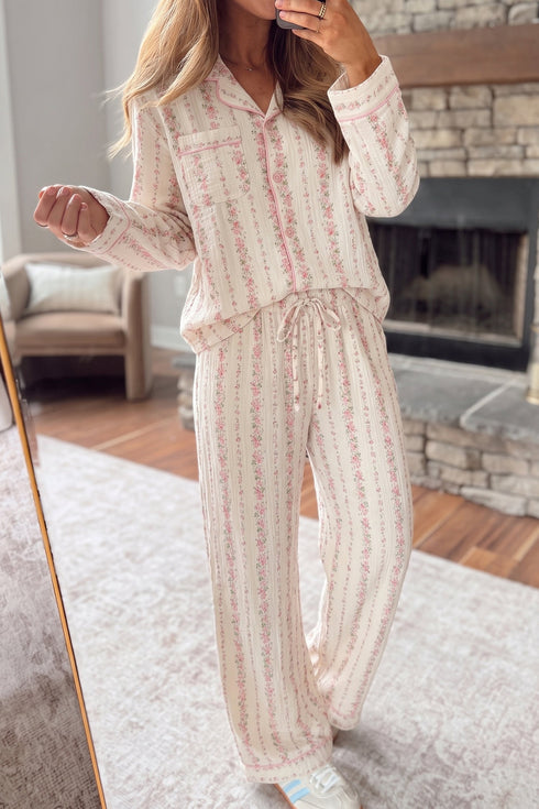 Floral Print Button Front Long Sleeve Pajama Pant Set