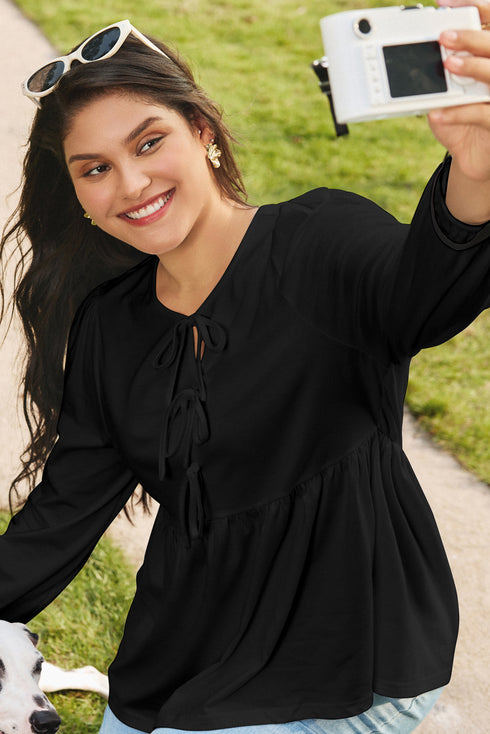 Bow Tie Front Long Sleeve Peplum Blouse