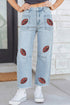 Denim Sequin Rugby Pattern Raw Hem Jeans