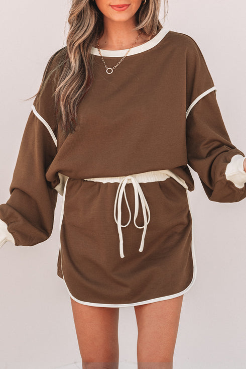 Paneled Loose Pullover And Lace Up Skort Two Piece Set
