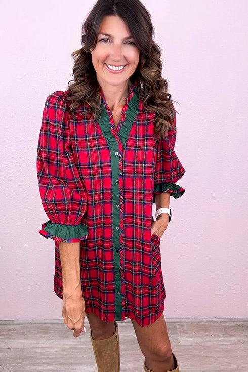 Plaid Ruffle Cuff Button Front Pocket Mini Dress
