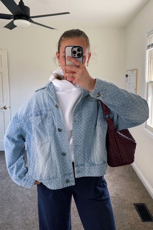 Polka Dot Long Sleeve Collar Pocket Shift Silhouette Denim Jacket