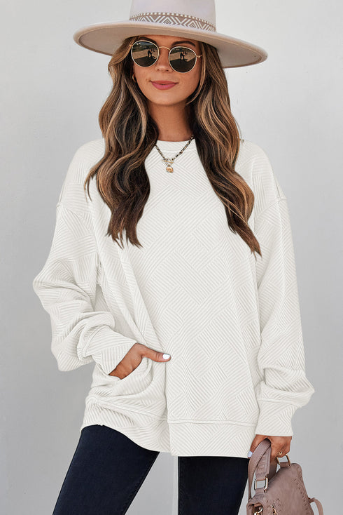 Textured Round Neck Drop Shoulder Pullover Sweatshirt