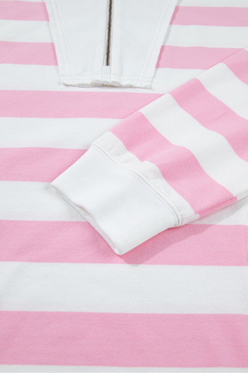 Striped Patchwork Zipper Pullover Elastic Waist Shorts Two Piece Short Set