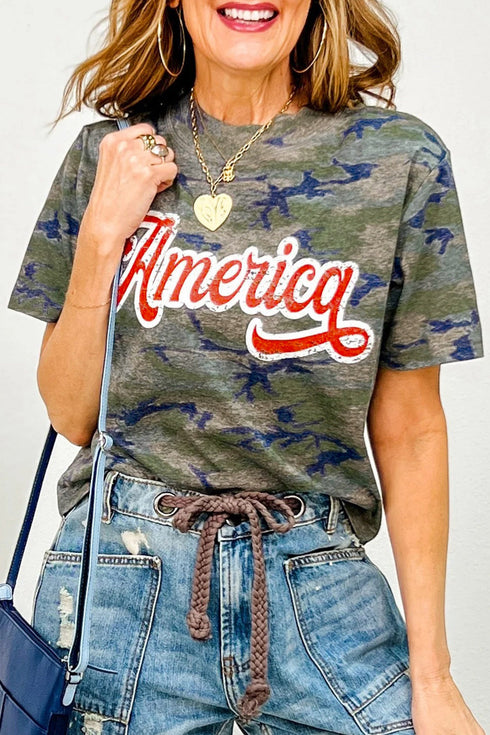 Western Camouflage Letter Print Patriotic Graphic Tee
