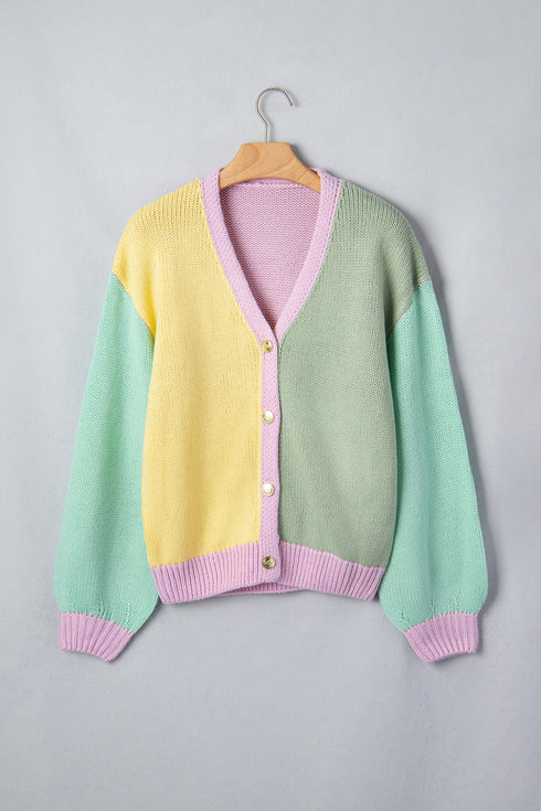 Patchwork V Neck Drop Shoulder Knitwear Cardigan