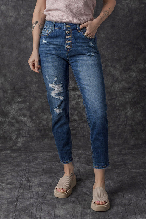 Distressed Button Fly High Waisted Skinny Denim Jeans