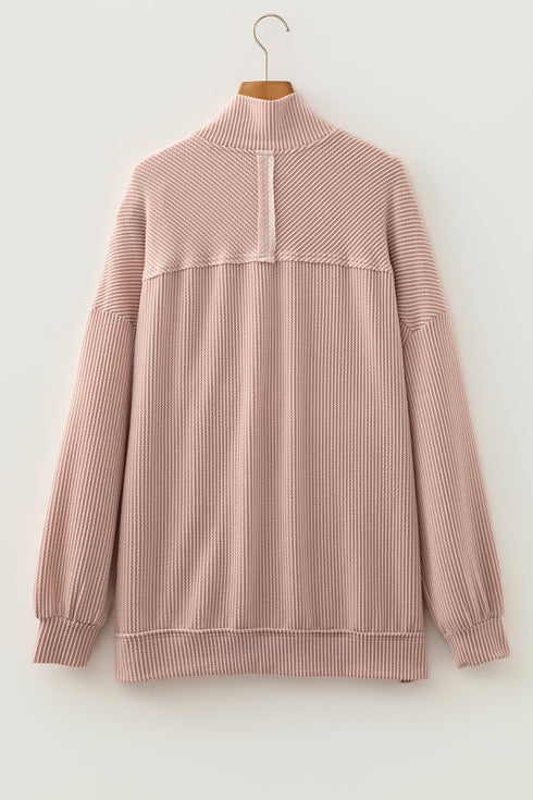 Twist Ribbed Zip Collar Drop Shoulder Long Sleeve Top