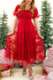 Tiered Tulle Smocked Bodice Puff Sleeve Maxi Dress